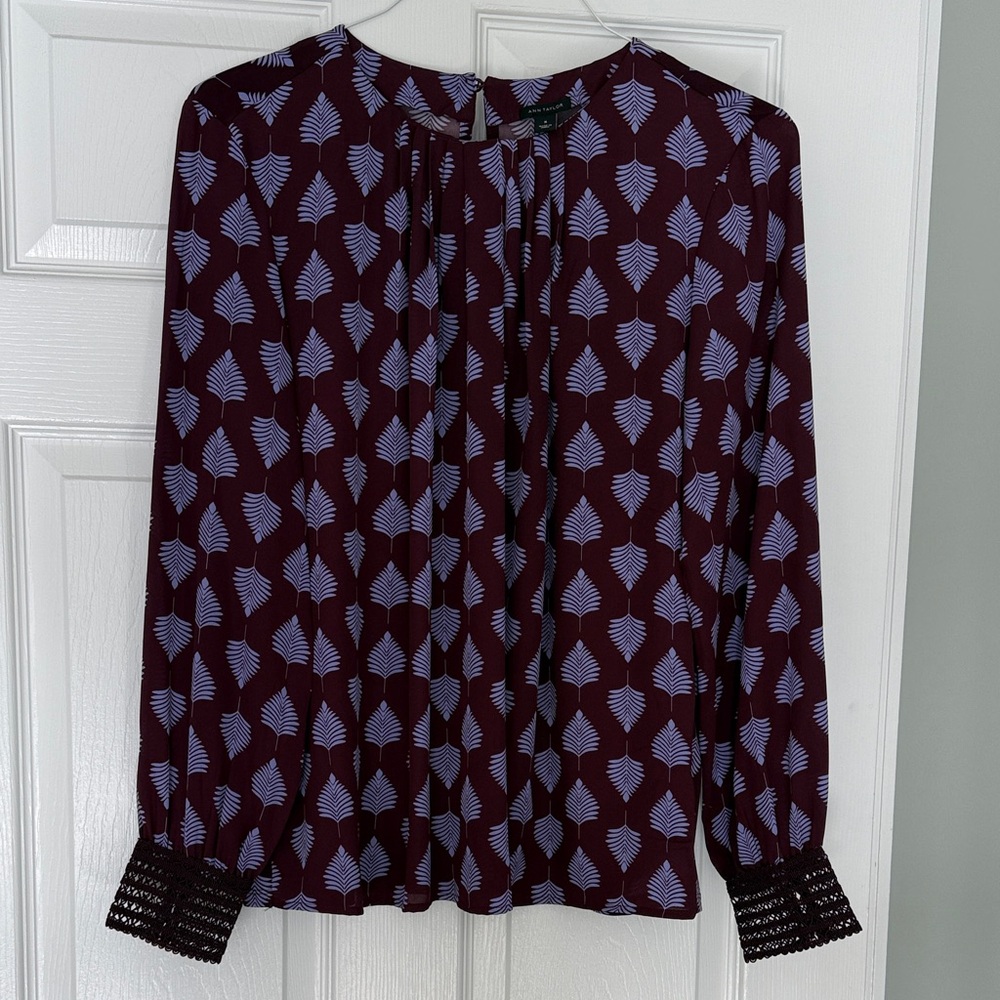 Ann Taylor Maroon and Light Blue Leaf Blouse